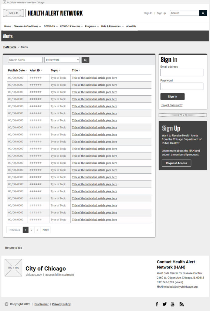 Chicago Health Alert Network Low Fidelity Wireframes - Alerts
