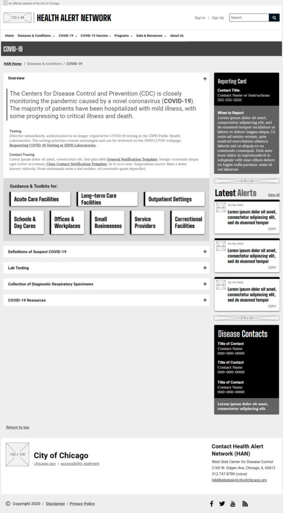 Chicago Health Alert Network Low Fidelity Wireframes - Covid