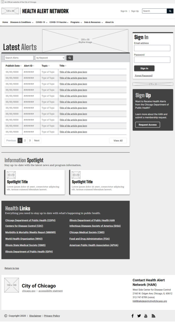 Chicago Health Alert Network Low Fidelity Wireframes - Home