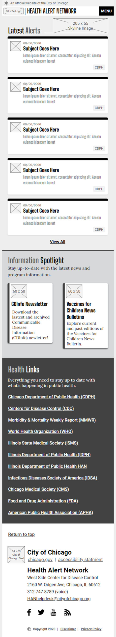 Chicago Health Alert Network Low Fidelity Wireframes - Mobile Home