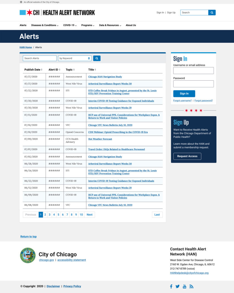 Chicago Health Alert Network High Fidelity Wireframes - Alerts