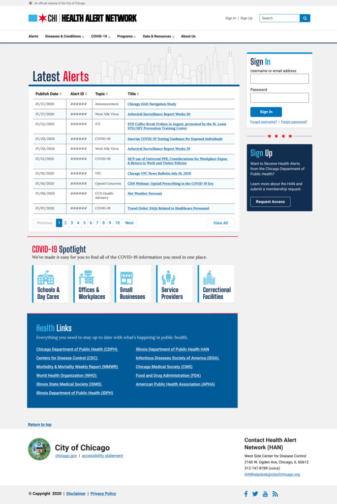 Chicago Health Alert Network High Fidelity Wireframes - Home