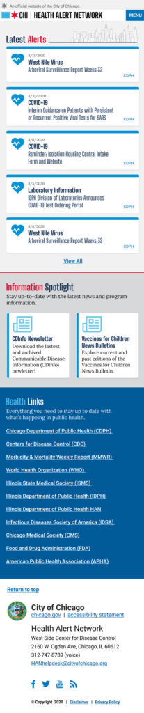 Chicago Health Alert Network High Fidelity Wireframes - Home Mobile